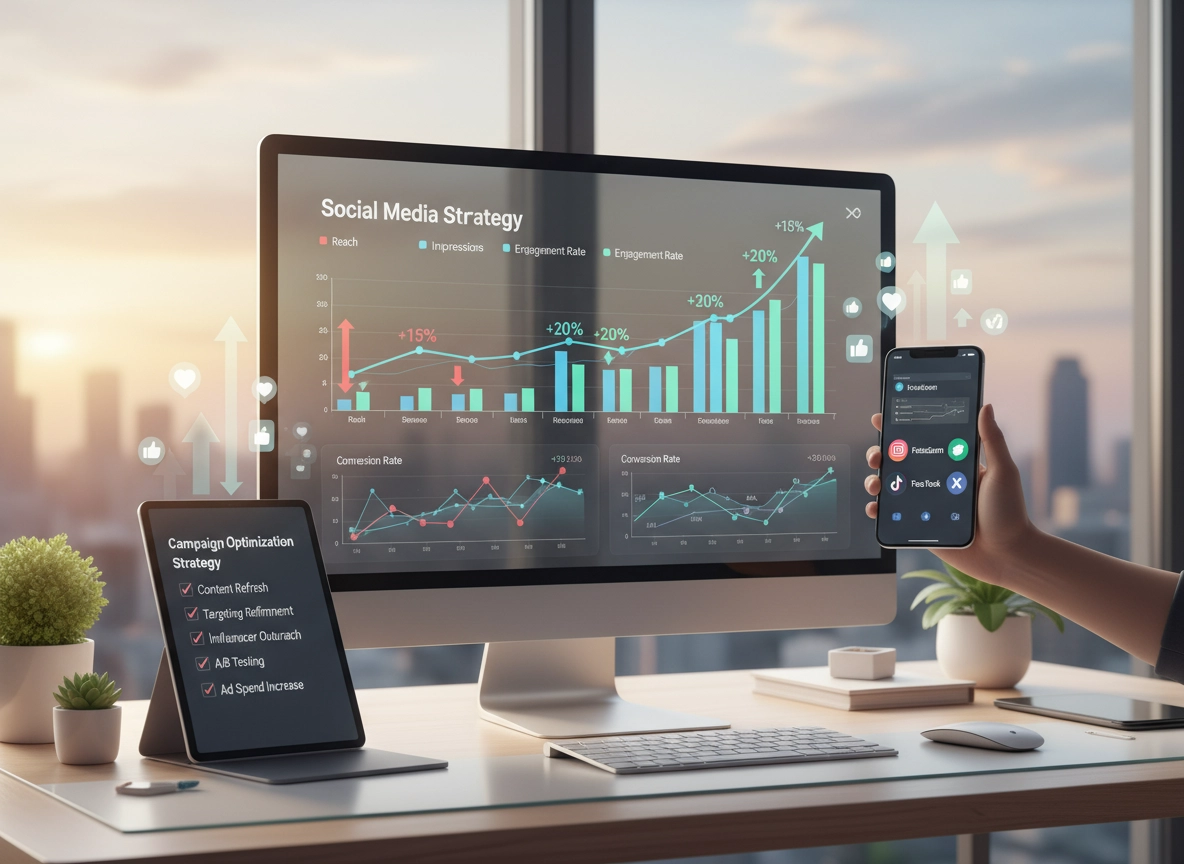 Firefly_A digital workspace with a social media analytics dashboard showing low campaign metr 357348
