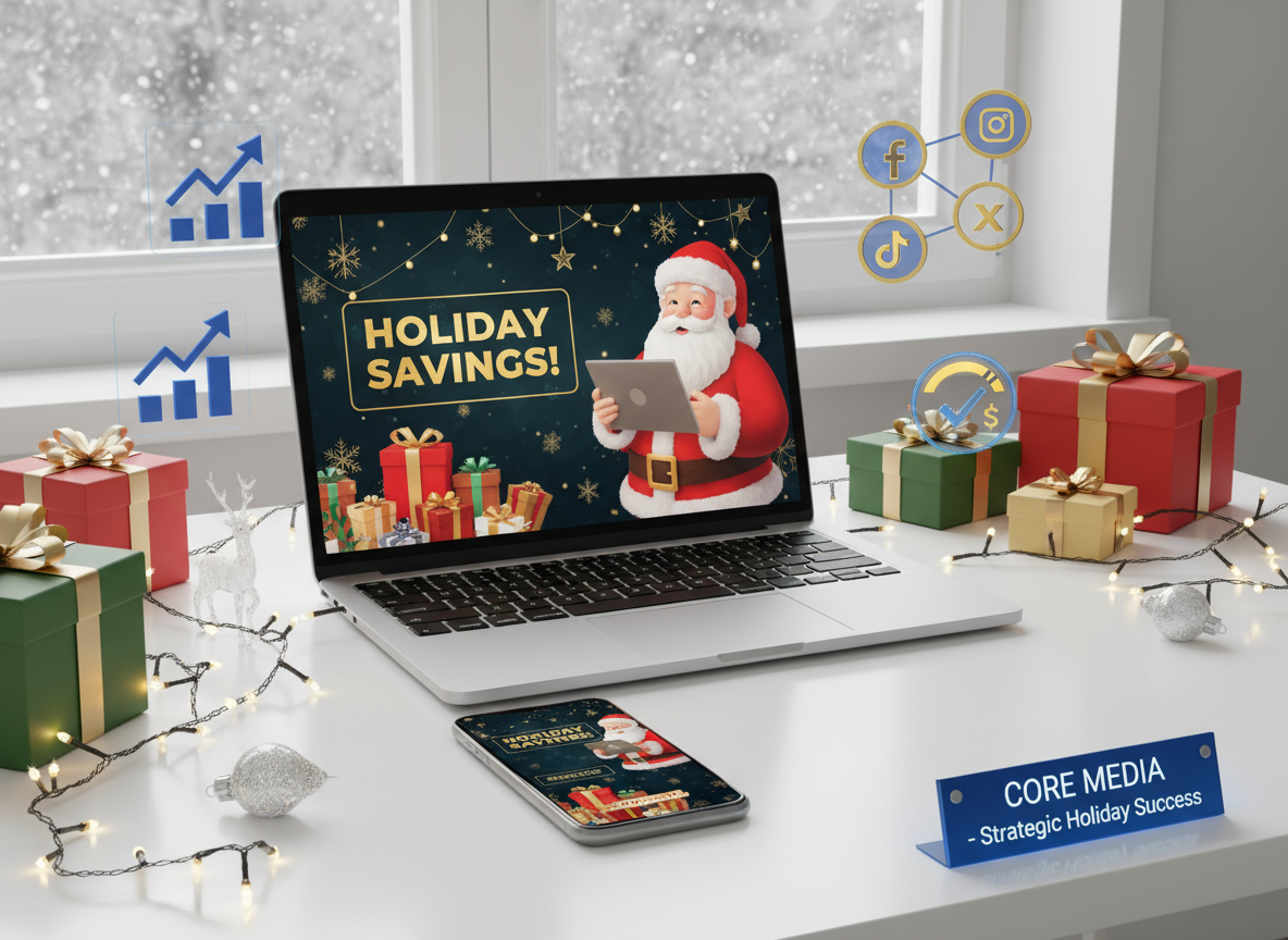 Firefly_Gemini Flash_A vibrant holiday-themed digital marketing scene showing a laptop and smartphone disp 357348